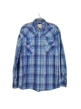 Roper Western Plaid Rodeo Cowboy Racher Cattlemans Shirt Blue White Size  Large